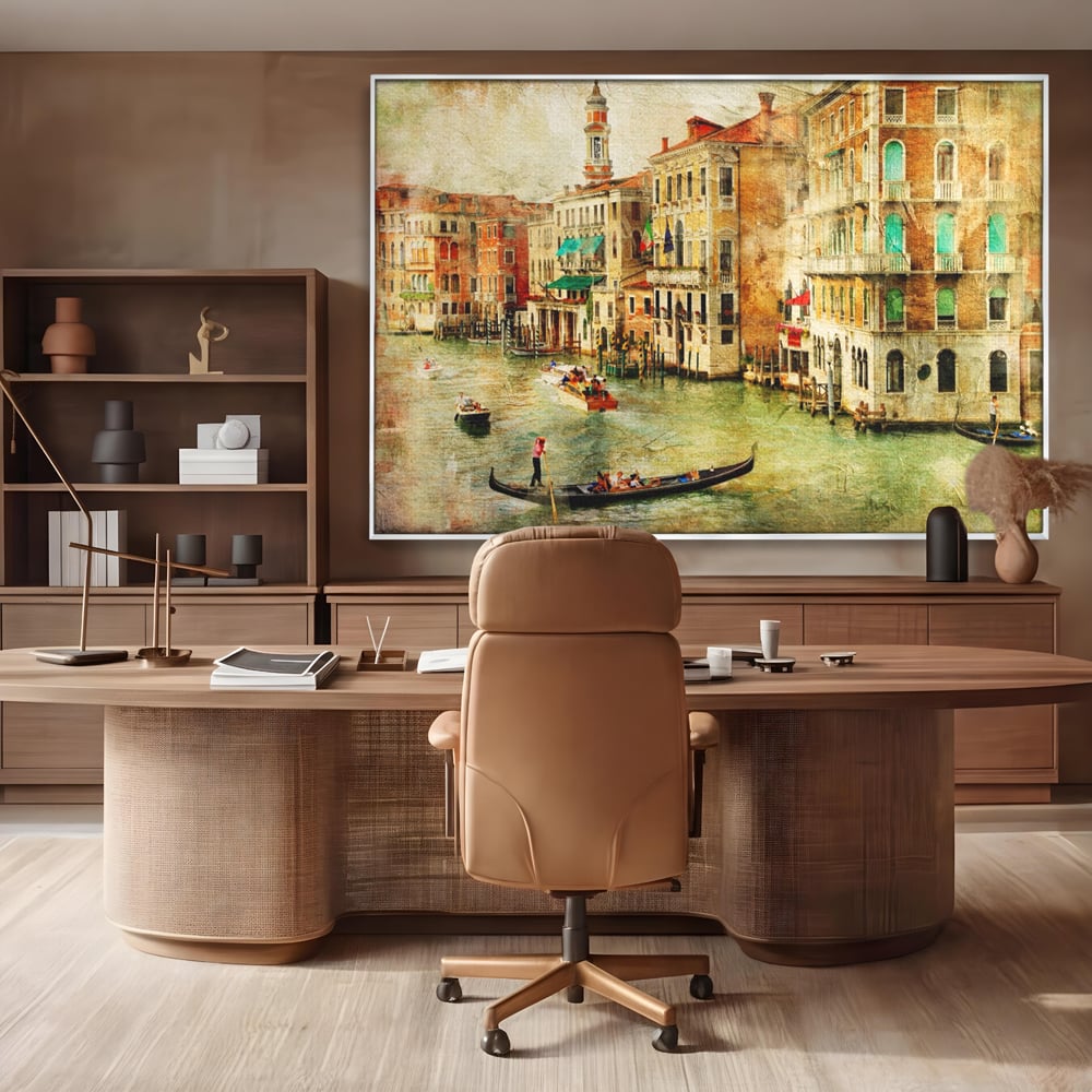Tablou canvas cu tablou pictura canal venetia, in rama de aluminiu argintiu, pe perete intr-un birou